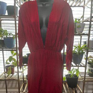 Vintage Imperial Fashion Red Pure Silk Long Sleeve Plunge Neck Dress Size 9/10